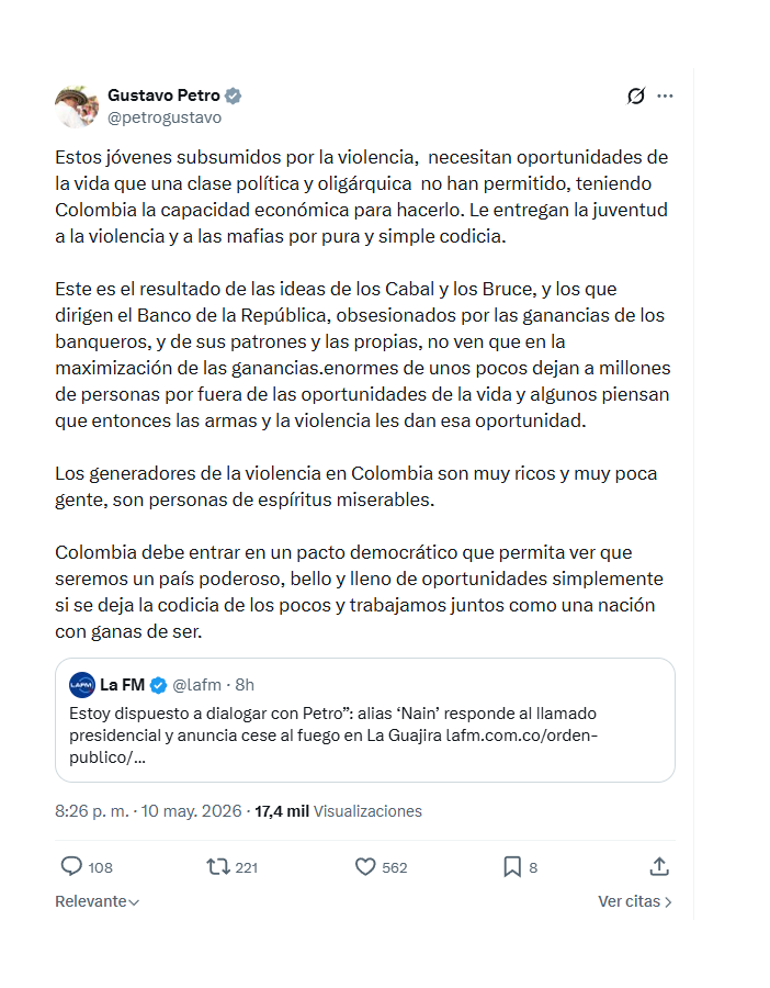 Con este mensaje en sus redes sociales, el presidente Gustavo Petro parecería dispuesto a sentarse en la mesa con alias Naín, de las Autodefensas Conquistadores de la Sierra - crédito @petrogustavo/X