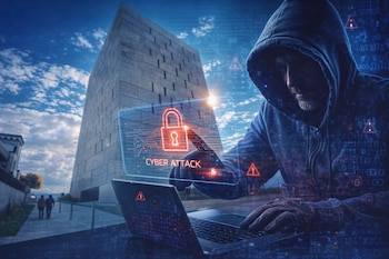Hombre encapuchado usa laptop. Pantalla holográfica muestra candado y texto "CYBER ATTACK". Edificio y cielo azul en fondo, con código digital y alertas.