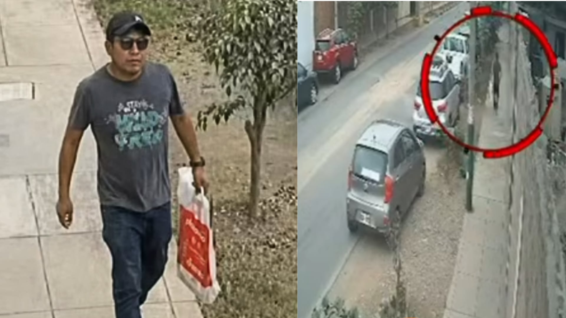 Un hombre sospechoso de participar en el robo y la extorsión a un trabajador camina por una calle en el distrito de Santa Anita. (Composición: Infobae Perú / ATV Noticias)