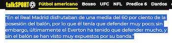 Así informaba Talk Sport en diciembre del 2020, las críticas a James Rodríguez por su ausencia en apoyo defensivo - crédito Talk Sport