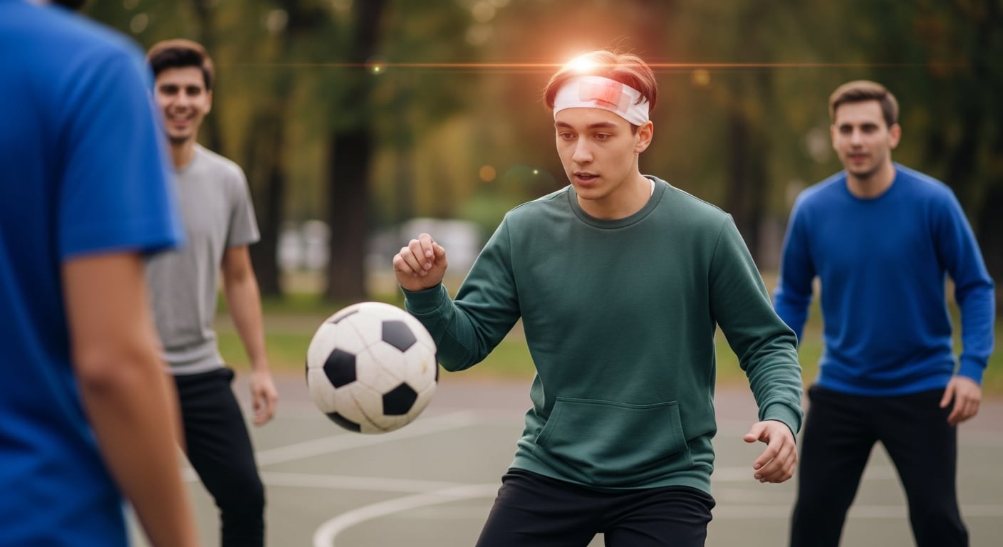 Un joven deportista con un vendaje en la cabeza juega al fútbol con amigos en una cancha al aire libre, representando un regreso responsable al deporte tras una conmoción cerebral. (Imagen Ilustrativa Infobae)