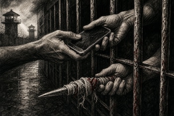 Dibujo a lápiz de manos que pasan un teléfono móvil y un objeto punzante envuelto en tela entre barrotes metálicos, frente a torres de vigilancia.