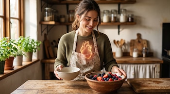 Una mujer sostiene un recipiente vacío frente a un tazón con frutos rojos, con un gráfico luminoso de un corazón humano sobre su pecho.