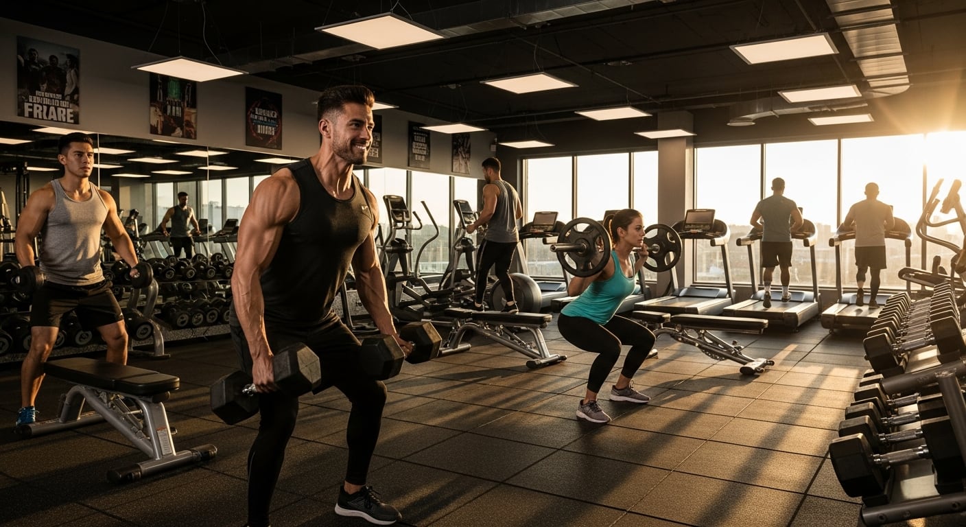 Varias personas entrenan en un gimnasio moderno durante la tarde, aprovechando la luz del atardecer para su rutina diaria de ejercicio. (Imagen Ilustrativa Infobae)