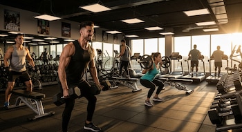Varias personas entrenando en un gimnasio iluminado por el sol del atardecer a través de grandes ventanas. Se ven mancuernas, una barra y máquinas de cardio.