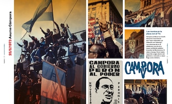 Collage de páginas de libro con fotos históricas de la asunción de Cámpora en 1973, mostrando multitudes, banderas argentinas y carteles políticos de la época