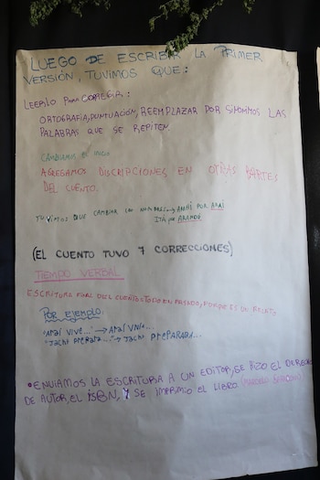 Pliego de papel con textos escritos a mano en distintos colores, colocado sobre un fondo negro junto a ramas de hojas pequeñas