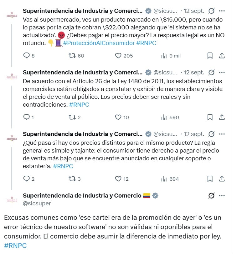 La SIC dice que los establecimientos comerciales están obligados a constatar y exhibir de manera clara y visible el precio de venta al público - crédito @SicSuper/X