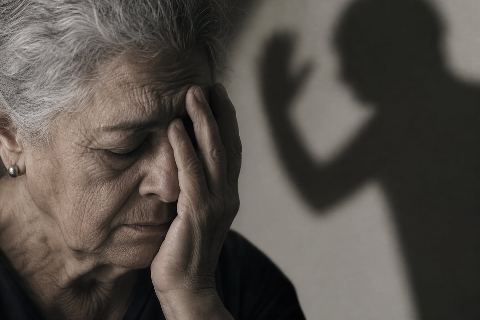 Una mujer mayor cubre parte de su rostro mientras al fondo se proyecta sobre la pared la sombra de una persona con la mano alzada. (Imagen Ilustrativa Infobae)