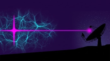 Ilustración con una línea magenta horizontal sobre una red de filamentos celestes y la silueta de una antena parabólica sobre fondo oscuro.