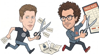 Caricatura de Sam Altman y Dario Amodei recortando etiquetas de precios junto a un papel roto en el suelo con la palabra seguridad.
