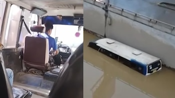 Así fueron los instantes en que un bus quedó atascado en el bypass durante la inundación en Villa María del Triunfo