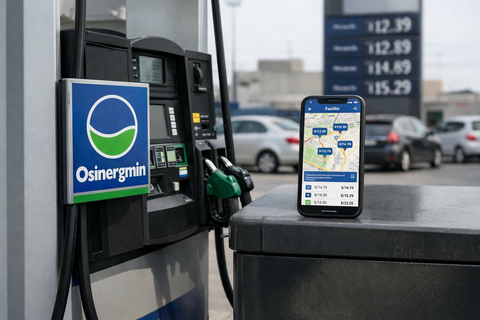La aplicación Facilito de Osinergmin muestra los precios de la gasolina en un mapa de estaciones de servicio de Perú, junto a un surtidor moderno. (Imagen Ilustrativa Infobae)
