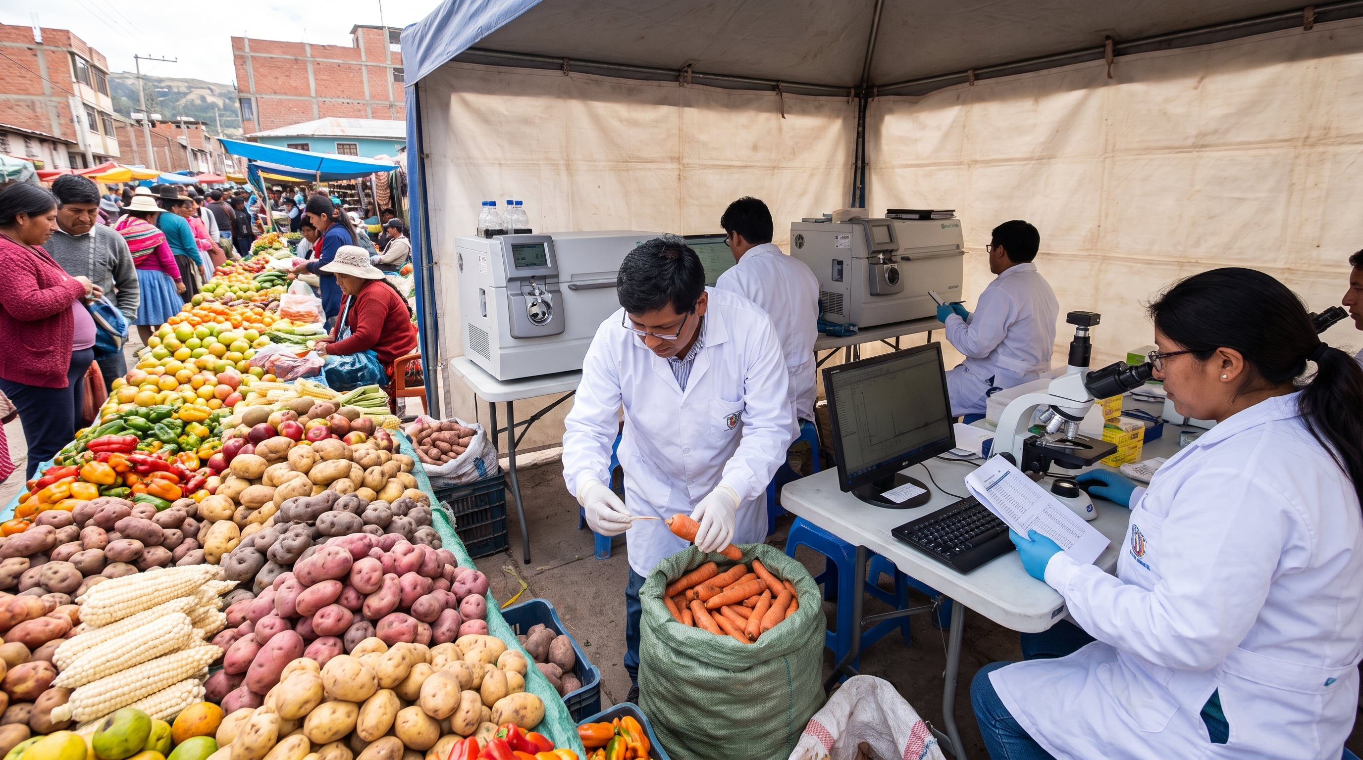 Especialistas en batas blancas analizan muestras de productos agrícolas en un mercado peruano, monitoreando la presencia de residuos químicos para garantizar la seguridad alimentaria. (Imagen Ilustrativa Infobae)
