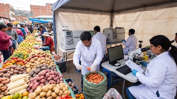 Mercado peruano con variedad de vegetales y frutas, y una carpa donde científicos en batas de laboratorio inspeccionan muestras con equipos y microscopios.