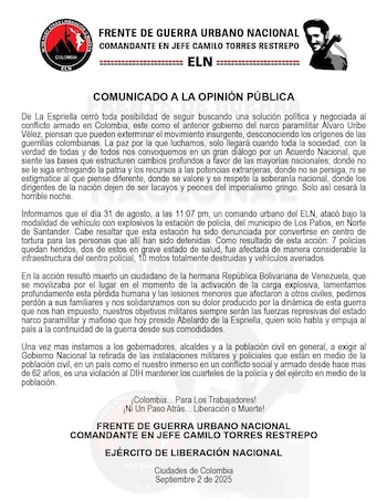El ELN afirmó que un comando urbano ejecutó la acción contra la sede policial a las 23:07 en el área metropolitana de Cúcuta - crédito X