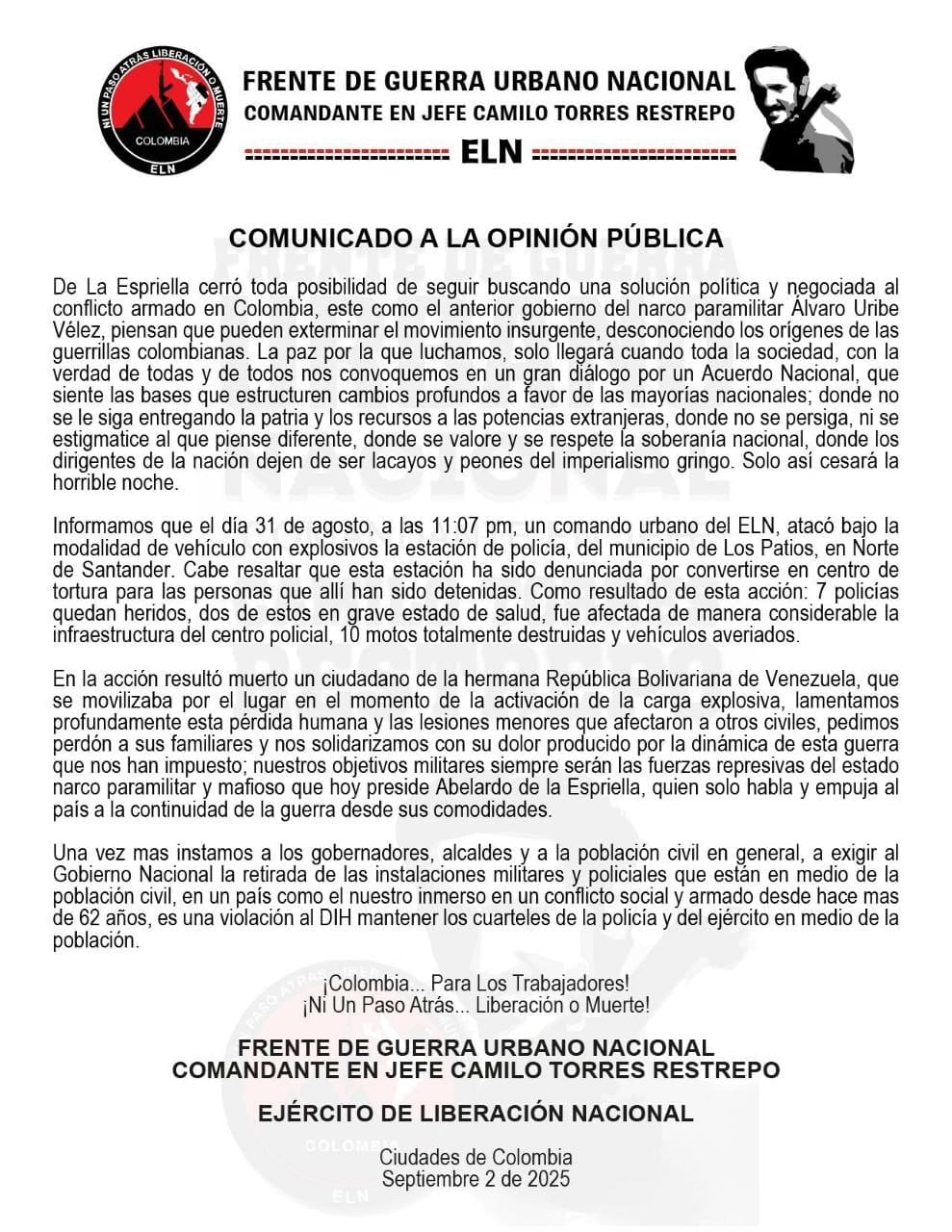 El ELN afirmó que un comando urbano ejecutó la acción contra la sede policial a las 23:07 en el área metropolitana de Cúcuta - crédito X