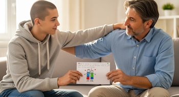 Adolescente en sudadera gris y jeans azules entrega una carta con dibujo infantil a su padre, vestido con camisa celeste y pantalón beige, en una sala cálida.