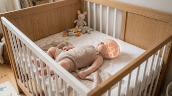 Un bebé con un mameluco beige duerme boca arriba en una cuna de madera clara y barandillas blancas, con una imagen superpuesta de un cerebro brillante en su cabeza.