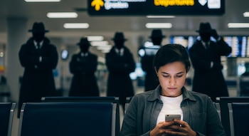 Mujer sentada en un aeropuerto usando su smartphone con la mirada fija en la pantalla; en segundo plano, cinco figuras borrosas con sombreros y abrigos observan.