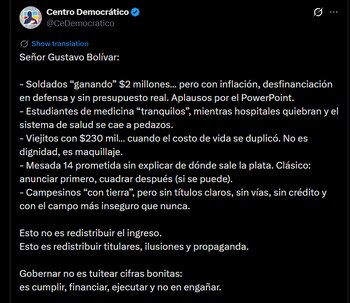 La colectividad afirmó que el anuncio del salario mínimo no representa una redistribución del ingreso - crédito @CeDemocraticoX