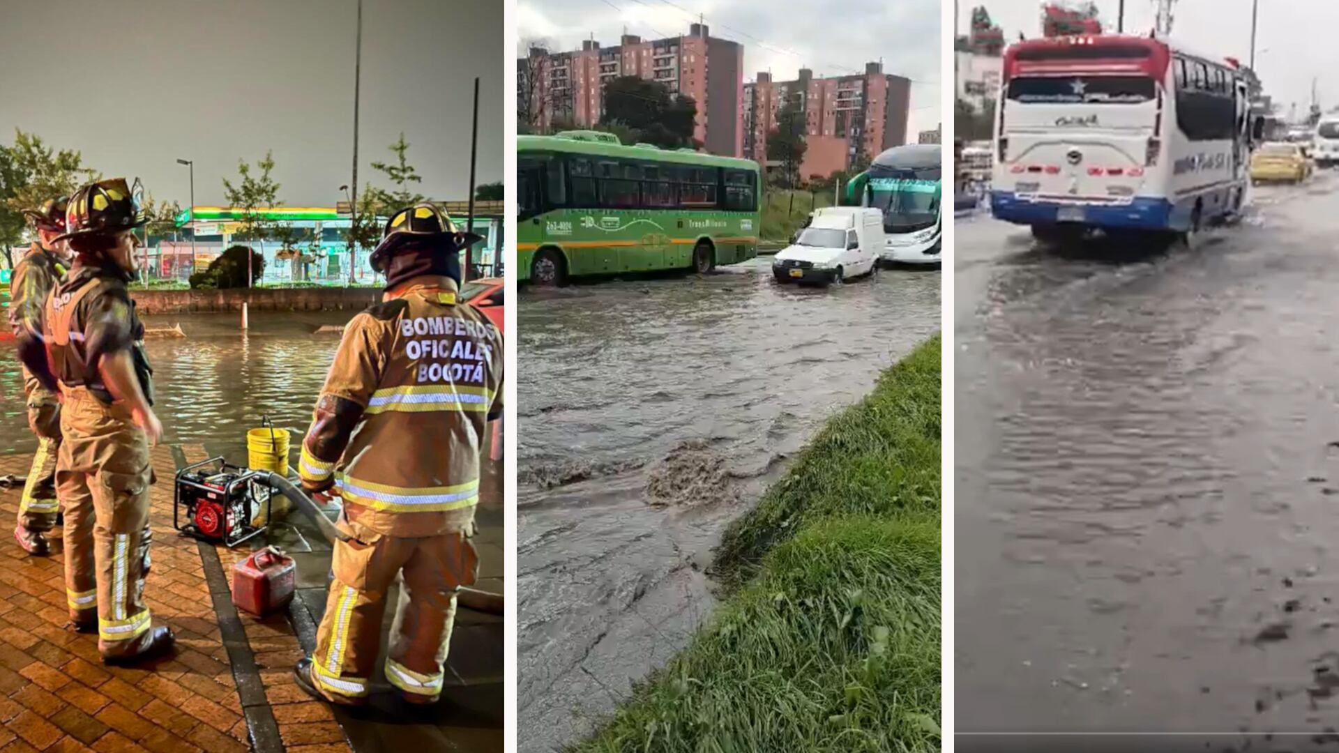 Inundaciones en varias zonas de Bogotá por los aguaceros del lunes. (Crédito: Cuerpo de Bomberos de Bogotá / Secretaría de Movilidad de Bogotá)