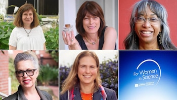 Seis paneles muestran a cinco mujeres de diversas edades y etnias sonriendo, junto al logo azul de 'For Women in Science' con UNESCO y L'Oréal