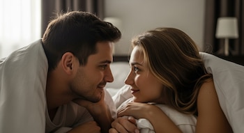 Un hombre y una mujer jóvenes, ambos cubiertos con un edredón blanco en la cama, se miran a los ojos con expresión sonriente y cariñosa.
