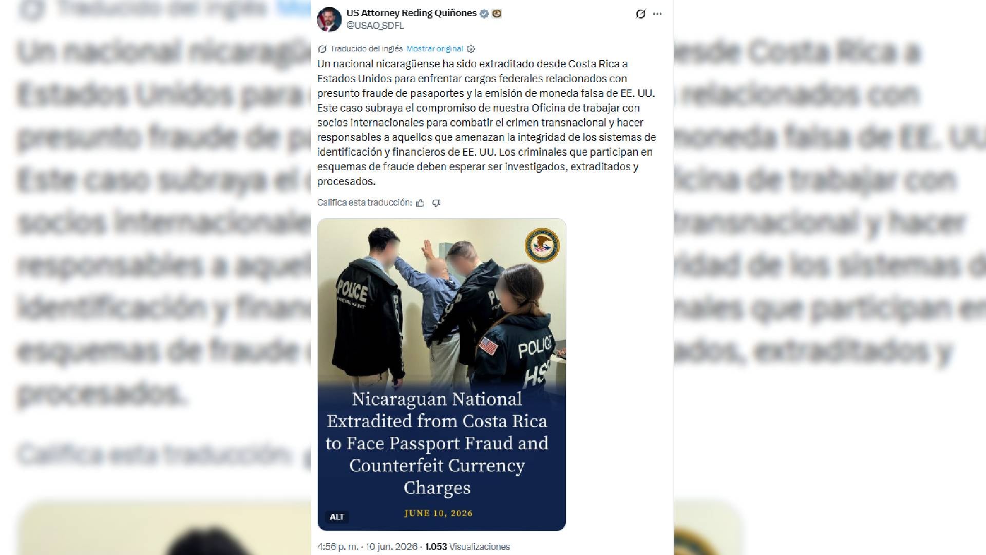 La fiscalía también atribuye a Morales Obando una conspiración para producir USD 20.000 en billetes falsificados y cambiarlos por USD 6.000 en dinero real (Departamento de Justicia)