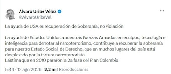 Álvaro Uribe celebró la colaboración de Colombia con Estados Unidos en la lucha contra el narcoterrorismo - crédito @AlvaroUribeVel/X