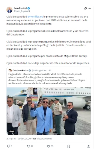 Juan Espinal y sus críticas a Gustavo Petro en nuevo viaje internacional
