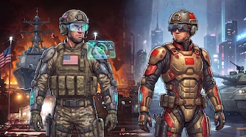 Dos soldados futuristas, uno con la bandera de Estados Unidos y otro con la bandera de China, frente a un buque de guerra, un tanque y ciudades.