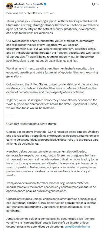 Abelardo de la Espriella agradeció a Donald Trump por su apoyo en las elecciones presidenciales de Colombia de cara a la segunda vuelta - crédito @ABDELAESPRIELLA/X