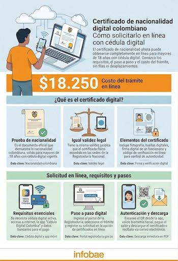 Tras la solicitud y el pago, el ciudadano recibe el certificado de nacionalidad digital en formato PDF por correo electrónico y puede descargarlo de inmediato - crédito Imagen Ilustrativa Infobae/Registraduría Nacional