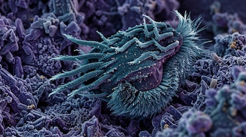 Un microorganismo azul con múltiples filamentos sobre un fondo de textura morada e irregular.