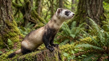 Un hurón con manchas negras alrededor de los ojos sobre un tocón con musgo, rodeado de helechos y árboles.