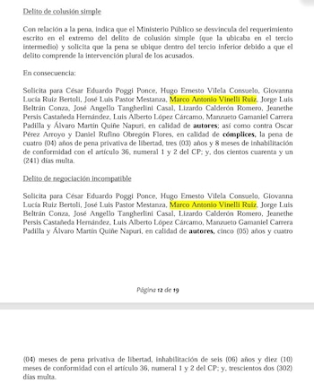 Página de un documento judicial con párrafos mecanografiados y el nombre de Marco Antonio Vinelli Ruiz resaltado en color amarillo