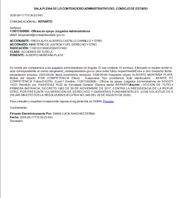 El Consejo de Estado no estudió de fondo la tutela y decidió remitir el expediente a los juzgados administrativos de Bogotá, al considerar que no tenía competencia para conocerla en primera instancia - crédito Consejo de Estado