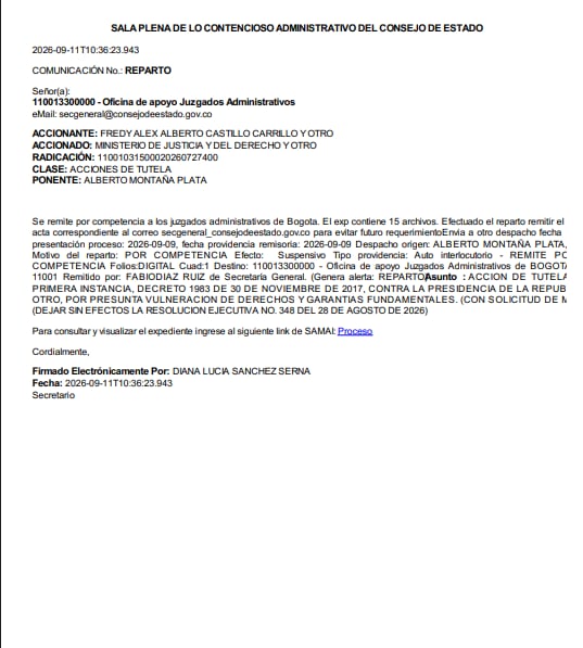 El Consejo de Estado no estudió de fondo la tutela y decidió remitir el expediente a los juzgados administrativos de Bogotá, al considerar que no tenía competencia para conocerla en primera instancia - crédito Consejo de Estado