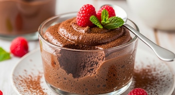 Mousse de chocolate servido en un vaso transparente, espolvoreado con cacao en polvo, decorado con dos frambuesas y una hoja de menta. Una cuchara descansa al lado.