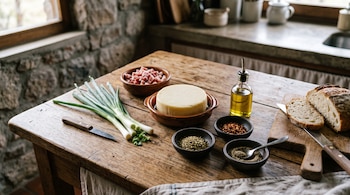 Provoleta en cazuela, panceta en cubos, cebollas de verdeo, cuencos con especias, botella de aceite, cuchillo y pan en tabla de madera.