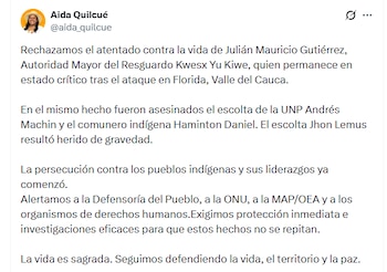 La congresista exigió una investigación pronta y rigurosa por el ataque contra la población indígena - crédito @aida_quilcue/X