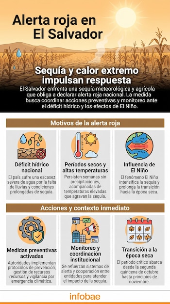 Infografía sobre la alerta roja por sequía en El Salvador con recuadros ilustrados sobre déficit hídrico, calor y fenómeno de El Niño.