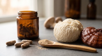 Un frasco de vidrio ámbar, cápsulas con polvo, una cuchara de madera, un hongo melena de león blanco y un hongo reishi sobre una mesa.
