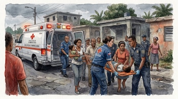 Ilustración acuarela. Ambulancia de la Cruz Roja Dominicana, adultos trasladan a dos niños heridos (uno en camilla, otro en brazos) en una calle de Higüey.