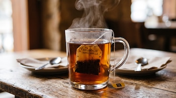 Taza de vidrio transparente con un saquito de infusión de manzanilla y vapor, colocada sobre una mesa de madera con platos y cucharas.