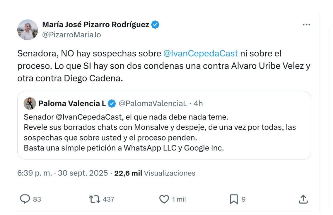 La senadora María José Pizarro le respondió a la también congresista Paloma Valencia, sobre las peticiones sobre el caso del parlamentario Iván Cepeda - crédito @PizarroMariaJo/X