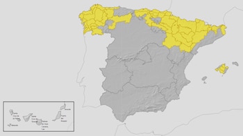 Mapa de alertas meteorológicas por lluvias, tormentas y temperaturas elevadas para este jueves, 25 de junio de 2026. (Aemet)