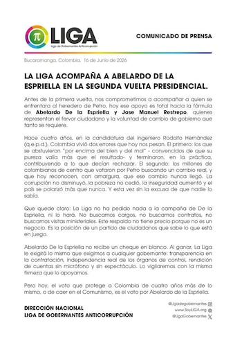 El movimiento político señaló que en un eventual gobierno del líder de Defensores por la Patria le exigirá controles sobre contratación, autonomía de los organismos de vigilancia y rendición de cuentas - crédito Liga de Gobernantes Anticorrupción