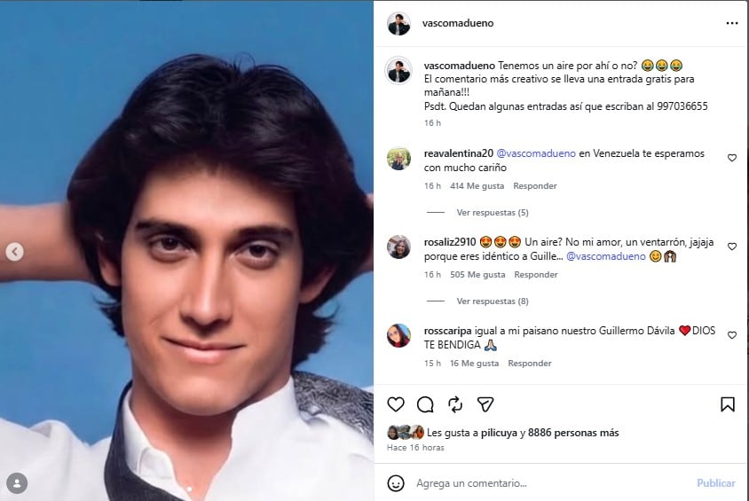 Vasco Madueño comparte una fotografía del cantante Guillermo Dávila durante su juventud para comparar su parecido físico en una publicación de Instagram.